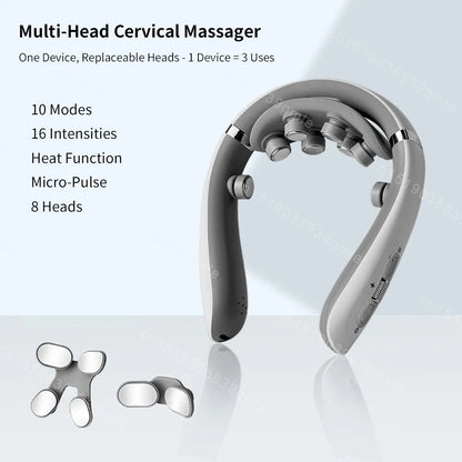 Neck Massager Electric Microcurrent Multi-Head Replaceable Wireless Knead Shiatsu Heating Vibration Cervical Shoulder Massager